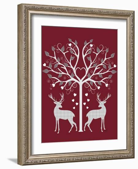 Christmas Des - Deer and Heart Tree, Grey on Red-Fab Funky-Framed Art Print