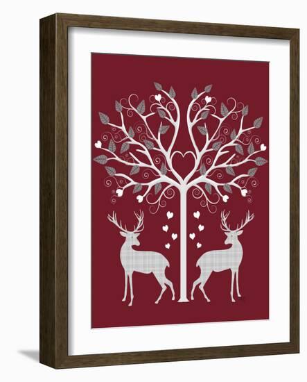 Christmas Des - Deer and Heart Tree, Grey on Red-Fab Funky-Framed Art Print