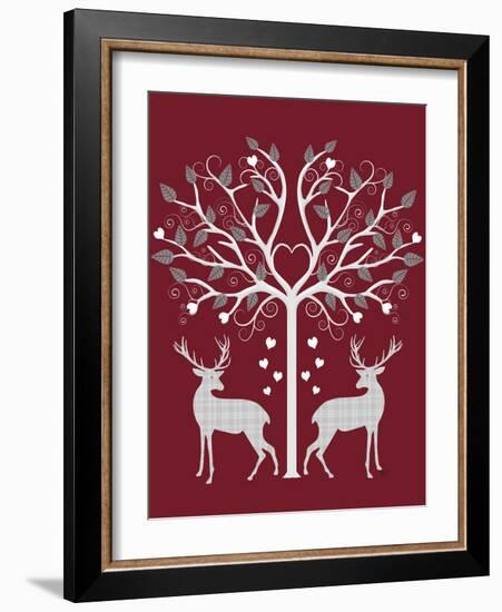 Christmas Des - Deer and Heart Tree, Grey on Red-Fab Funky-Framed Art Print