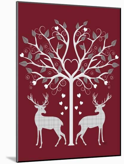 Christmas Des - Deer and Heart Tree, Grey on Red-Fab Funky-Mounted Art Print