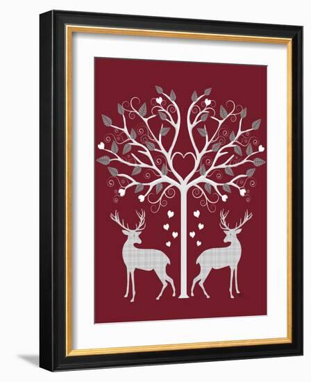 Christmas Des - Deer and Heart Tree, Grey on Red-Fab Funky-Framed Art Print