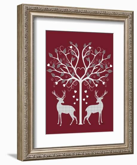 Christmas Des - Deer and Heart Tree, Grey on Red-Fab Funky-Framed Art Print