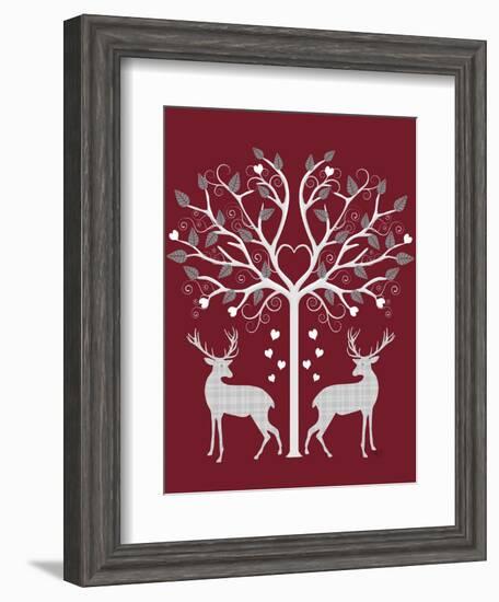 Christmas Des - Deer and Heart Tree, Grey on Red-Fab Funky-Framed Art Print