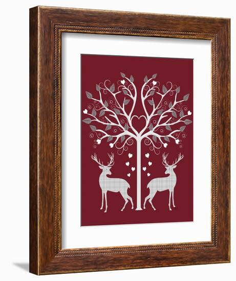 Christmas Des - Deer and Heart Tree, Grey on Red-Fab Funky-Framed Art Print