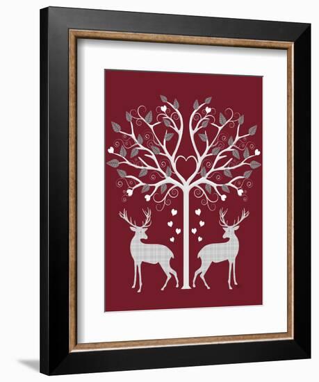 Christmas Des - Deer and Heart Tree, Grey on Red-Fab Funky-Framed Art Print