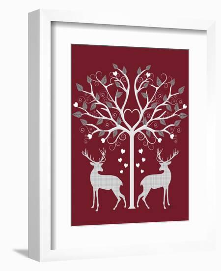 Christmas Des - Deer and Heart Tree, Grey on Red-Fab Funky-Framed Art Print