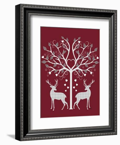 Christmas Des - Deer and Heart Tree, Grey on Red-Fab Funky-Framed Art Print