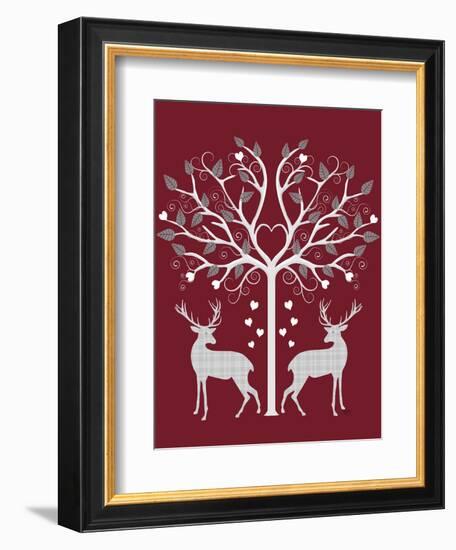 Christmas Des - Deer and Heart Tree, Grey on Red-Fab Funky-Framed Art Print