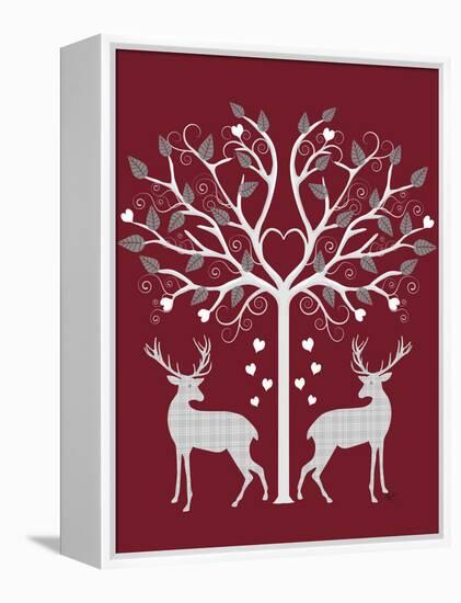 Christmas Des - Deer and Heart Tree, Grey on Red-Fab Funky-Framed Stretched Canvas