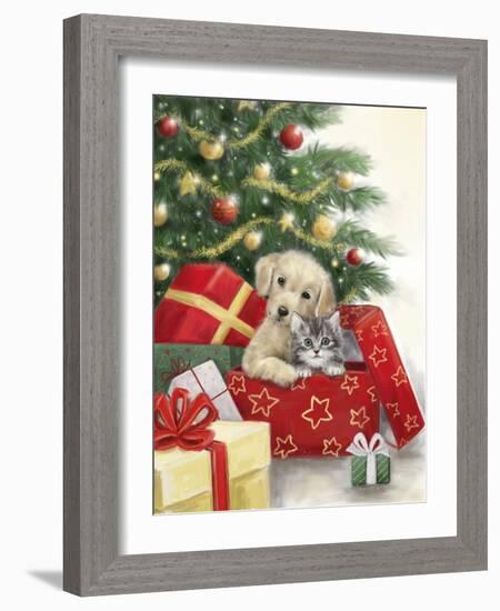 Christmas Dog and Cat in Box-MAKIKO-Framed Giclee Print