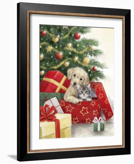 Christmas Dog and Cat in Box-MAKIKO-Framed Giclee Print