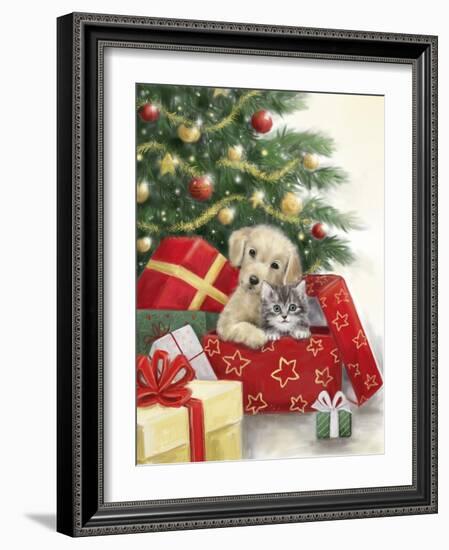 Christmas Dog and Cat in Box-MAKIKO-Framed Giclee Print