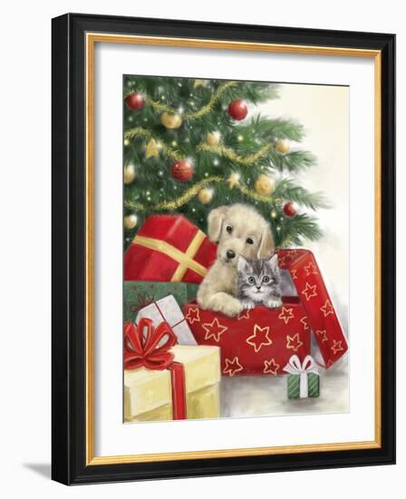 Christmas Dog and Cat in Box-MAKIKO-Framed Giclee Print