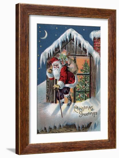 Christmas Greeting - Santa Climbing Out Window-Lantern Press-Framed Art Print