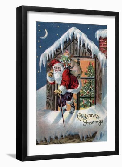 Christmas Greeting - Santa Climbing Out Window-Lantern Press-Framed Art Print