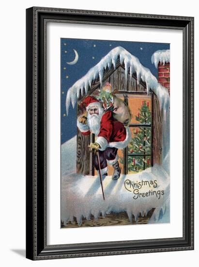 Christmas Greeting - Santa Climbing Out Window-Lantern Press-Framed Art Print