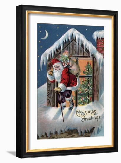 Christmas Greeting - Santa Climbing Out Window-Lantern Press-Framed Art Print