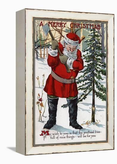Christmas Greeting - Santa Cutting Down Christmas Tree-Lantern Press-Framed Stretched Canvas