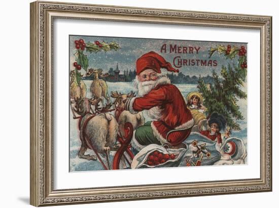 Christmas Greeting - Santa on Sleigh-Lantern Press-Framed Art Print