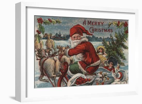Christmas Greeting - Santa on Sleigh-Lantern Press-Framed Art Print