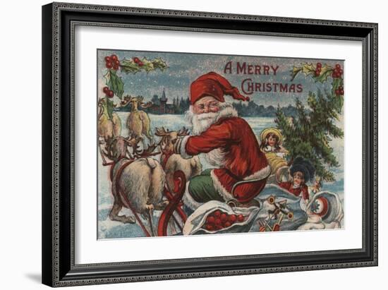 Christmas Greeting - Santa on Sleigh-Lantern Press-Framed Art Print