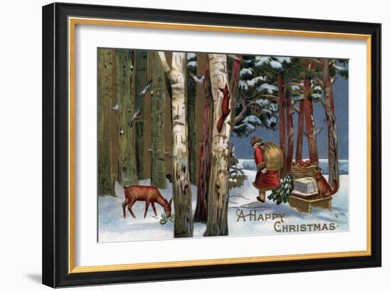 Christmas Greeting - Santa Through Forest-Lantern Press-Framed Art Print