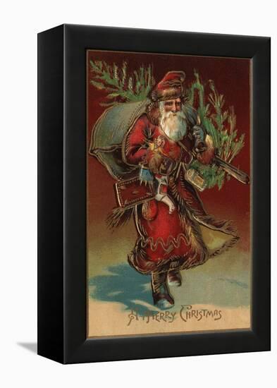 Christmas Greeting - Santa with Gifts No. 2-Lantern Press-Framed Stretched Canvas