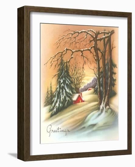 Christmas Greetings, Cabin in Snow-null-Framed Art Print