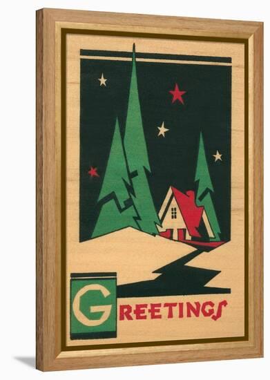 Christmas Greetings, Cabin, Pines, Stars-null-Framed Stretched Canvas