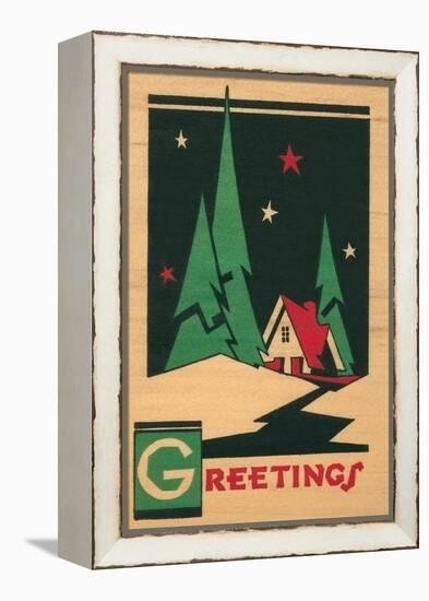 Christmas Greetings, Cabin, Pines, Stars-null-Framed Stretched Canvas