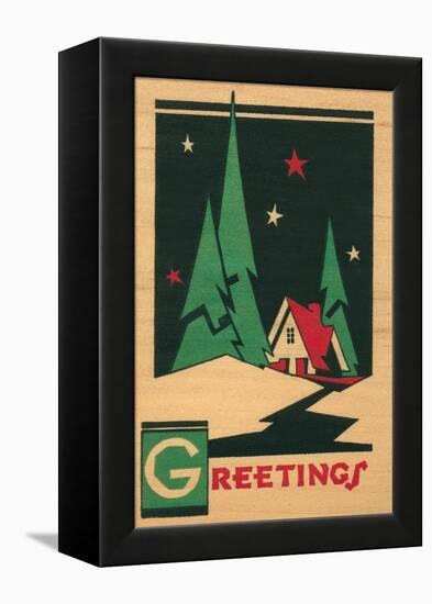 Christmas Greetings, Cabin, Pines, Stars-null-Framed Stretched Canvas