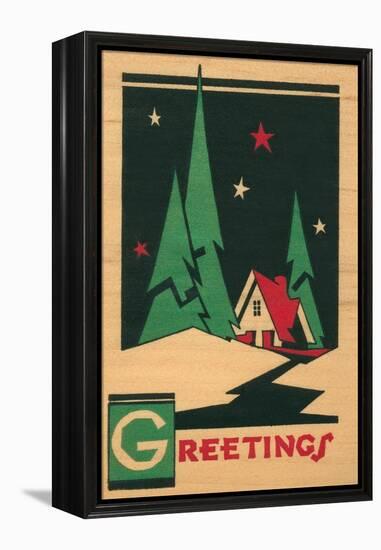 Christmas Greetings, Cabin, Pines, Stars-null-Framed Stretched Canvas