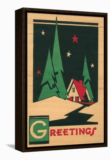 Christmas Greetings, Cabin, Pines, Stars-null-Framed Stretched Canvas