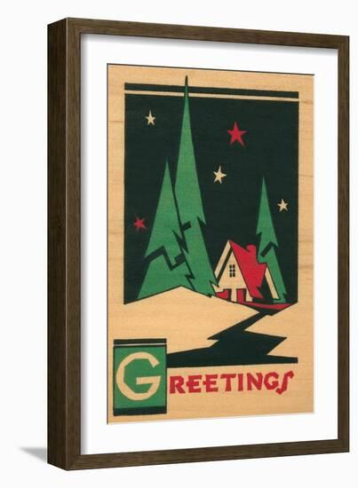 Christmas Greetings, Cabin, Pines, Stars-null-Framed Art Print