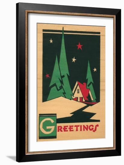 Christmas Greetings, Cabin, Pines, Stars-null-Framed Art Print