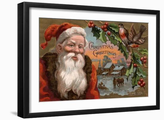 Christmas Greetings from Colorado - Santa with Holly, Village Scene-Lantern Press-Framed Art Print