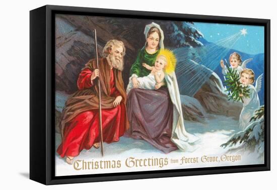 Christmas Greetings from Forest Grove, Oregon - Nativity Scene in Snow with Angels-Lantern Press-Framed Stretched Canvas