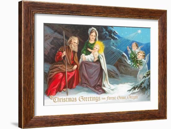 Christmas Greetings from Forest Grove, Oregon - Nativity Scene in Snow with Angels-Lantern Press-Framed Art Print