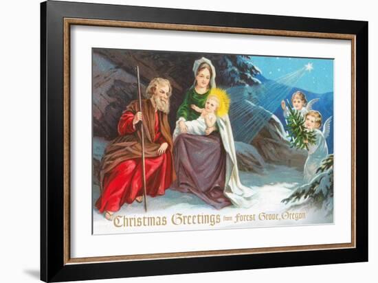 Christmas Greetings from Forest Grove, Oregon - Nativity Scene in Snow with Angels-Lantern Press-Framed Art Print