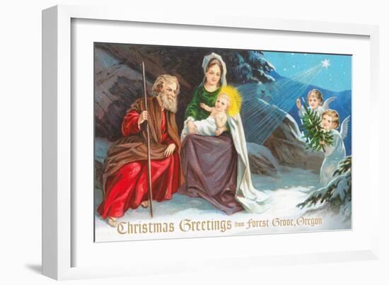 Christmas Greetings from Forest Grove, Oregon - Nativity Scene in Snow with Angels-Lantern Press-Framed Art Print