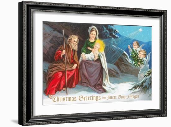 Christmas Greetings from Forest Grove, Oregon - Nativity Scene in Snow with Angels-Lantern Press-Framed Art Print