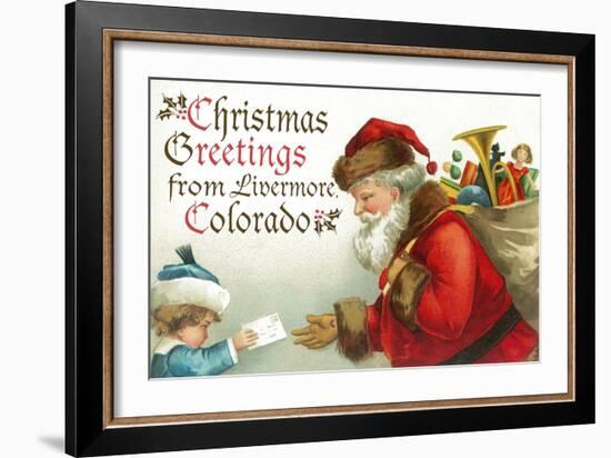 Christmas Greetings from Livermore, Colorado - Santa Getting Letter-Lantern Press-Framed Art Print