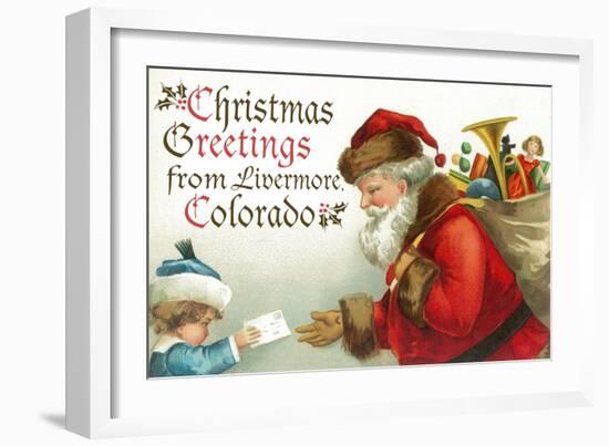 Christmas Greetings from Livermore, Colorado - Santa Getting Letter-Lantern Press-Framed Art Print