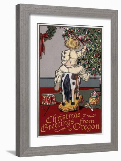 Christmas Greetings from Oregon - Girl on Horse-Lantern Press-Framed Art Print