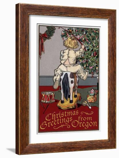 Christmas Greetings from Oregon - Girl on Horse-Lantern Press-Framed Art Print