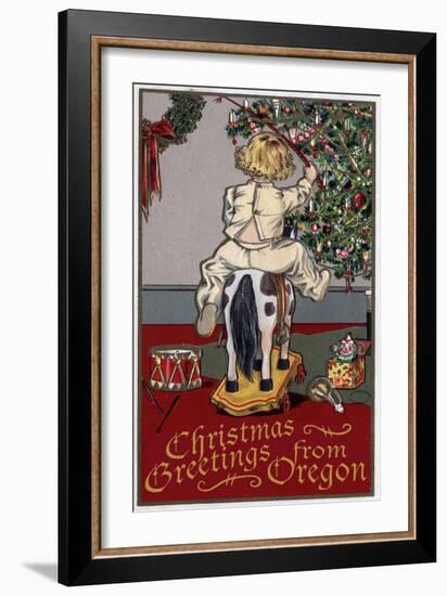 Christmas Greetings from Oregon - Girl on Horse-Lantern Press-Framed Art Print