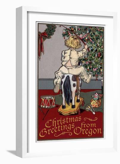 Christmas Greetings from Oregon - Girl on Horse-Lantern Press-Framed Art Print