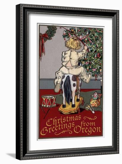 Christmas Greetings from Oregon - Girl on Horse-Lantern Press-Framed Art Print