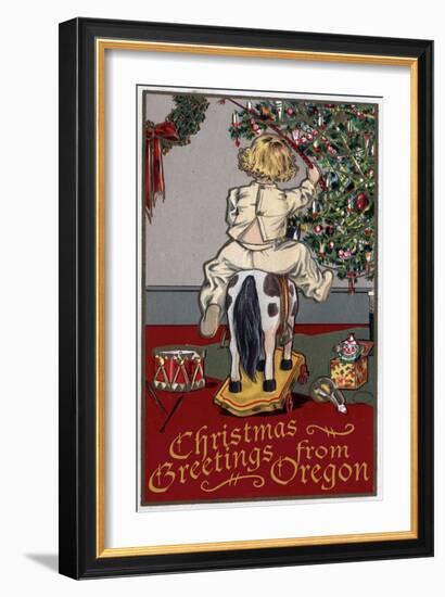 Christmas Greetings from Oregon - Girl on Horse-Lantern Press-Framed Art Print