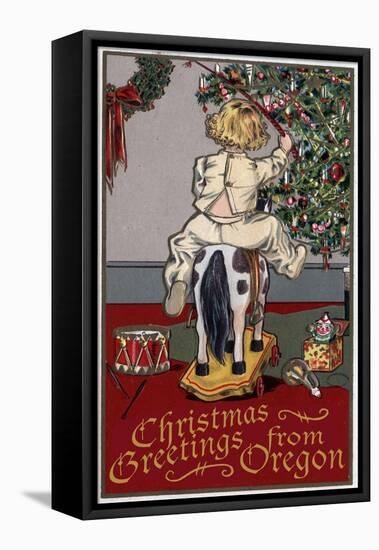 Christmas Greetings from Oregon - Girl on Horse-Lantern Press-Framed Stretched Canvas